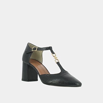 Salomés with high heel and golden embellishment in black reptile leather