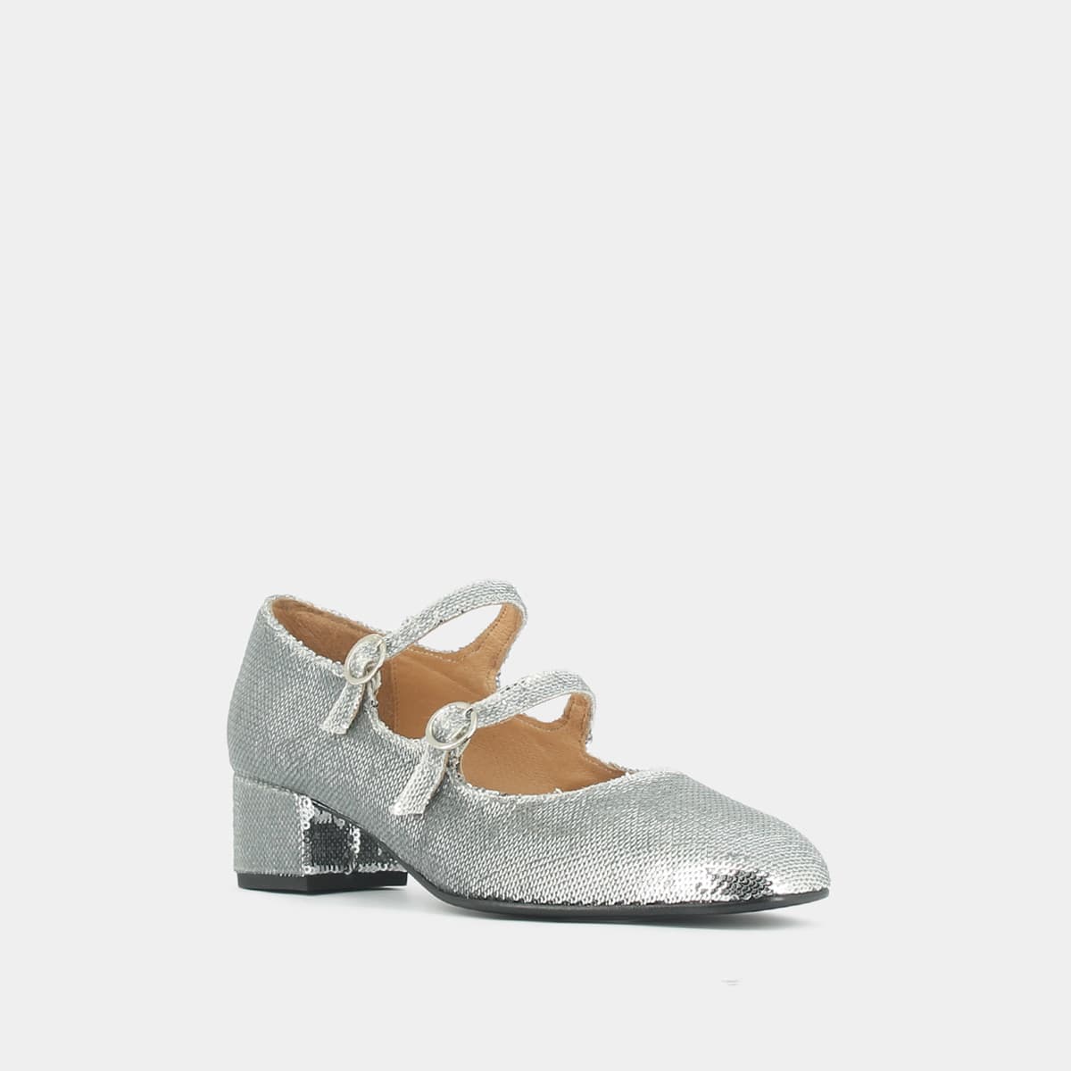 Babies with double buckles and heel in silver sequins