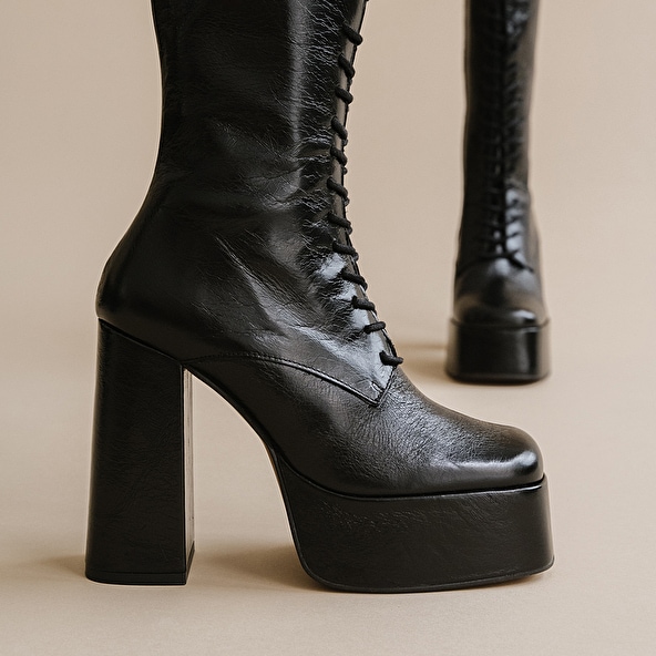 Platform boots with laces in black aged leather