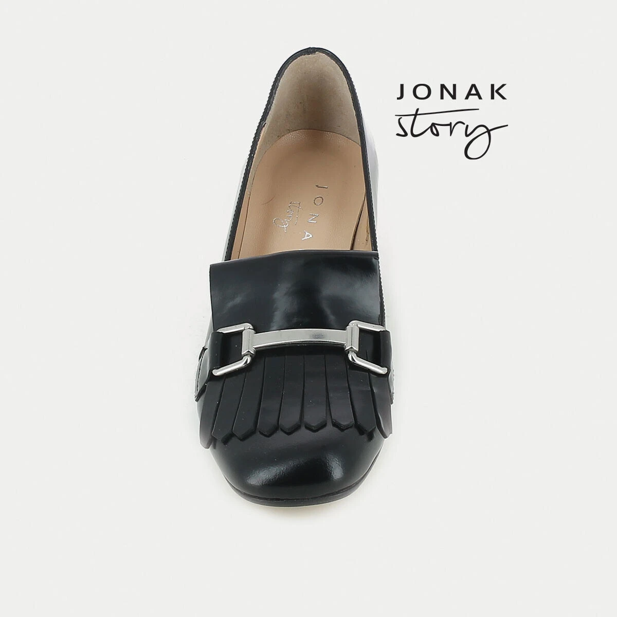 Black moccasins with heel, bit-style bar and fringed tab | VALVI