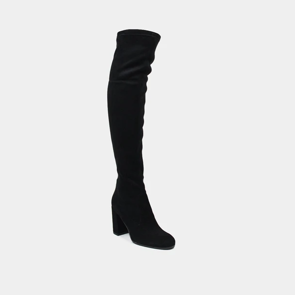 Heeled thigh boots in black stretch velvet | MILO