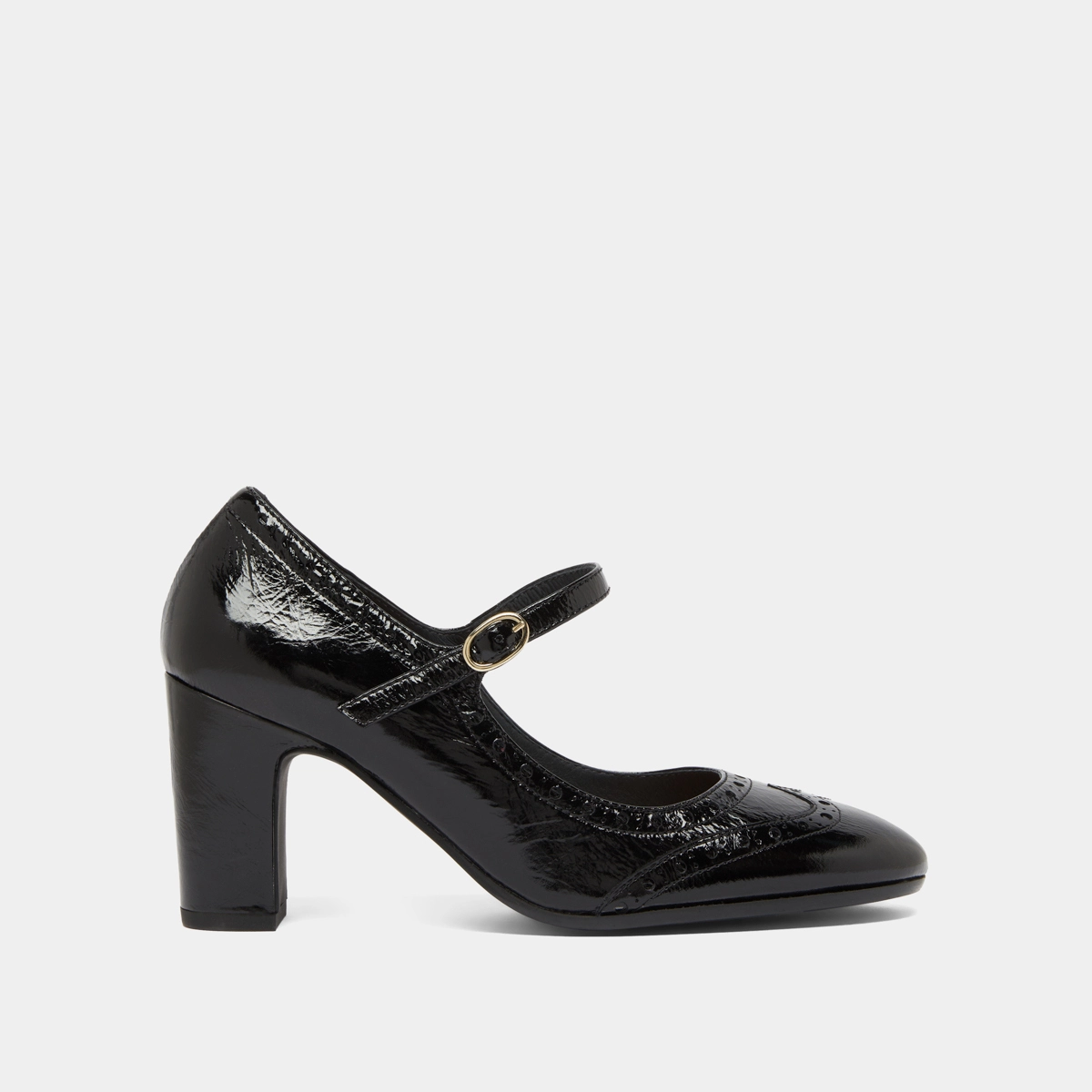 Heeled Mary Jane and perforated details in black shiny leather | DIRIOS