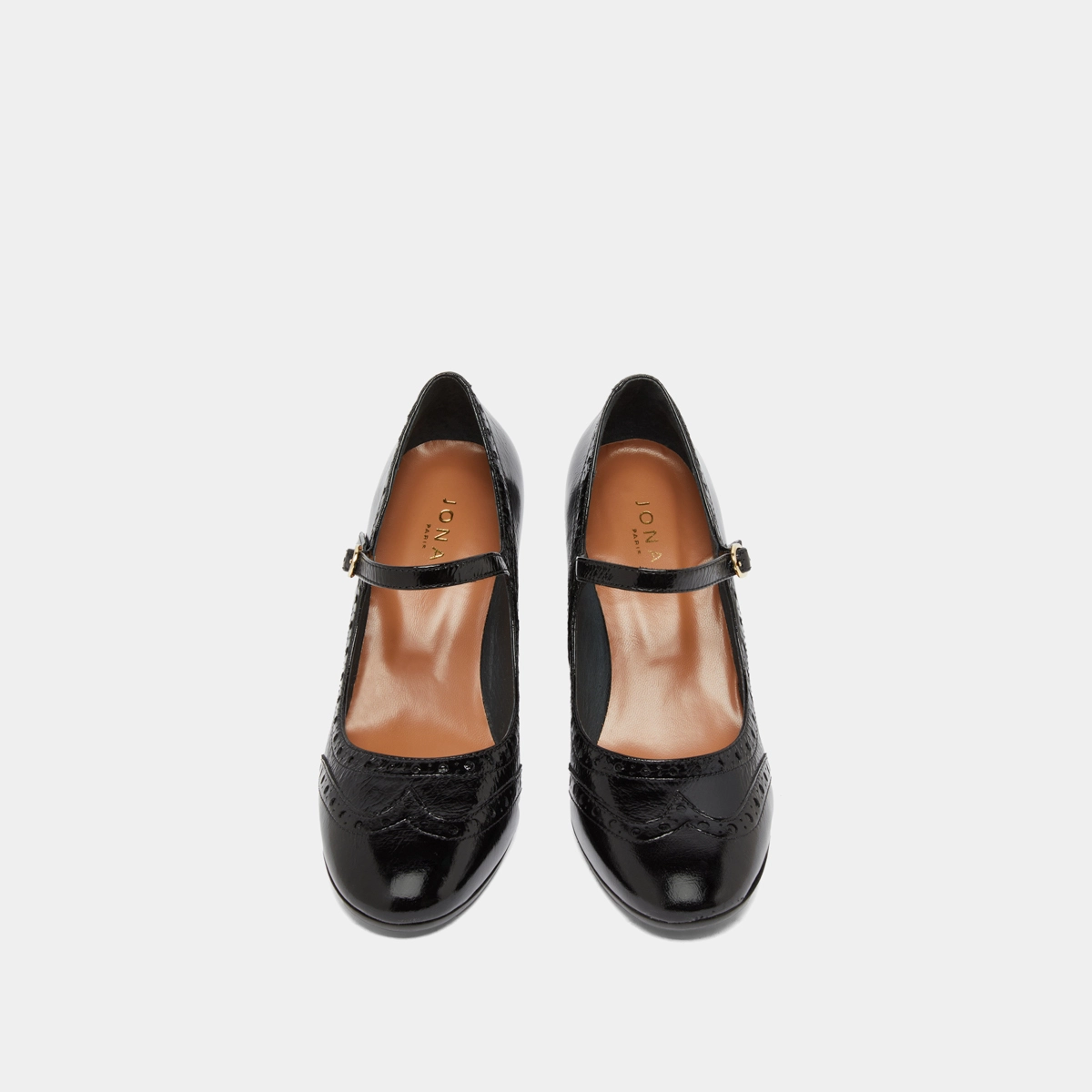 Heeled Mary Jane and perforated details in black shiny leather | DIRIOS