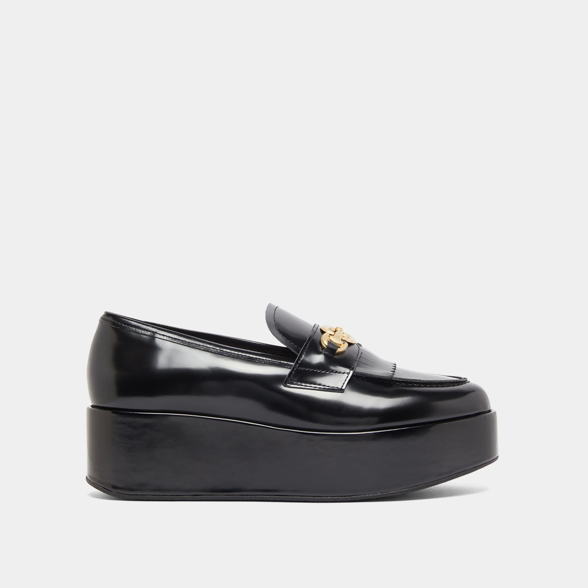 Gold buckle loafers in black glazed leather | DELPHES