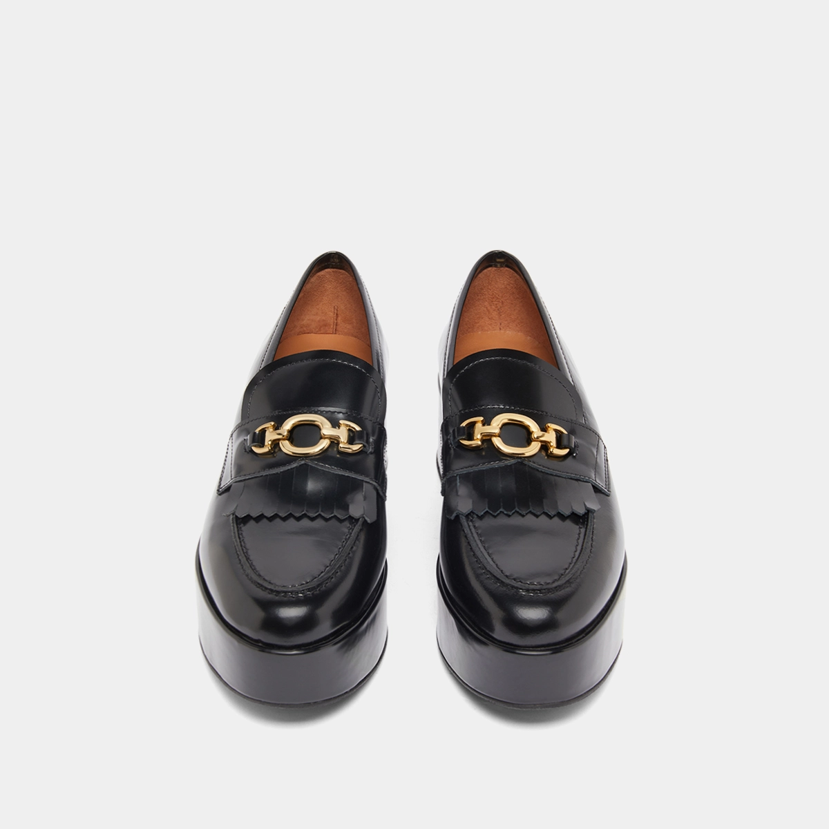 Gold buckle loafers in black glazed leather | DELPHES