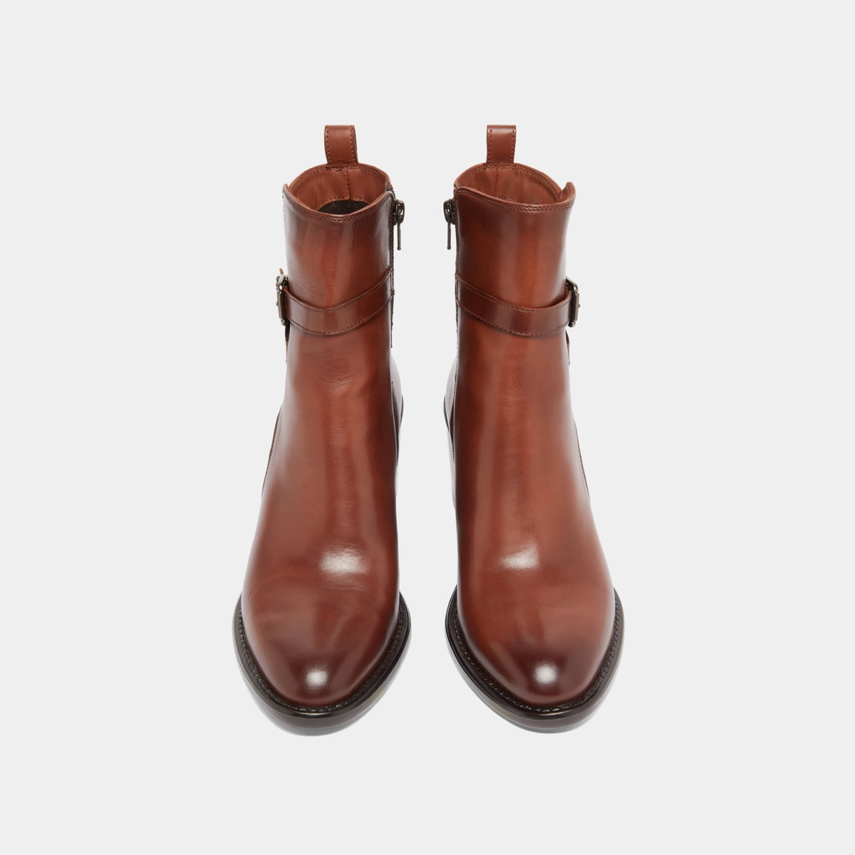 Heeled ankle boots and buckles in cognac patinated leather | CAJOU