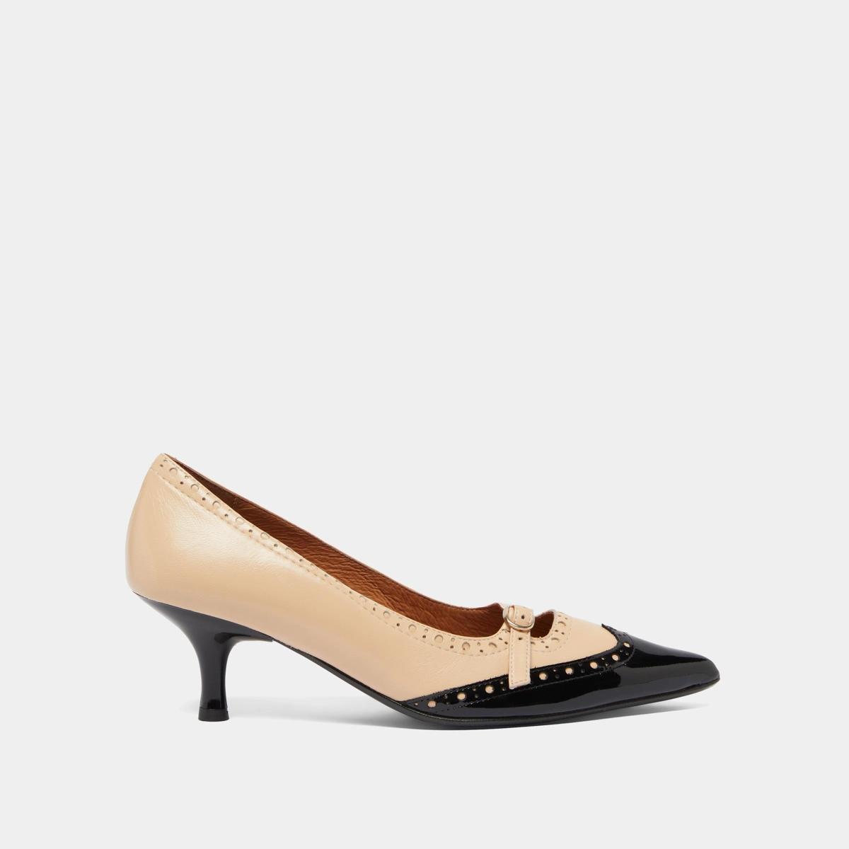 Pumps with straps and perforated details in black patent and beige leather | DALTA