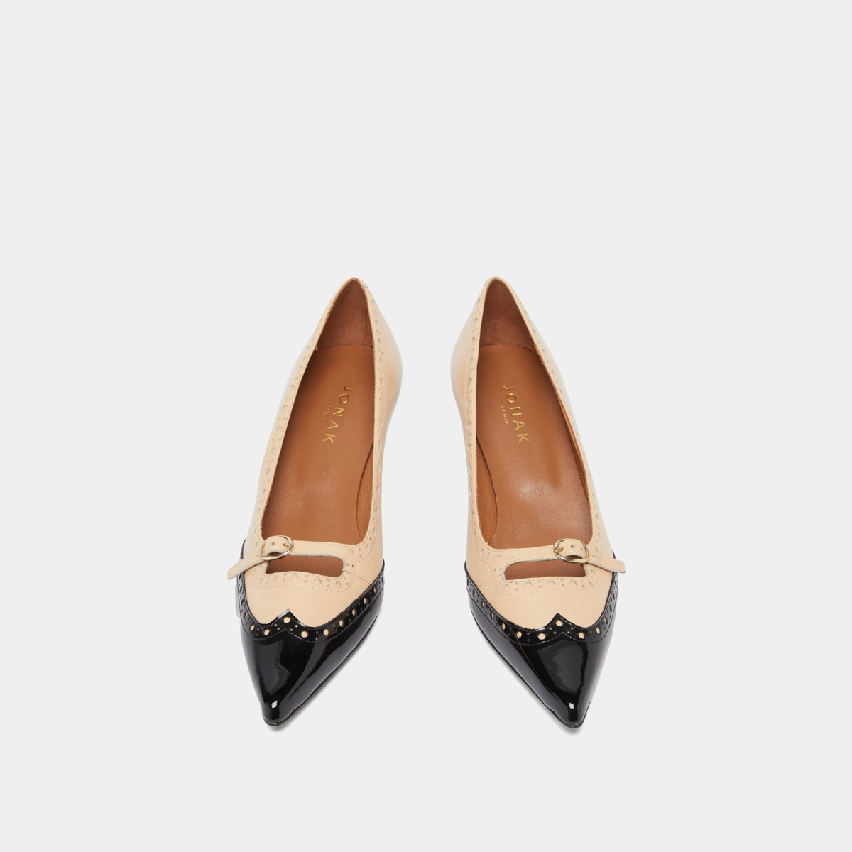 Pumps with straps and perforated details in black patent and beige leather | DALTA