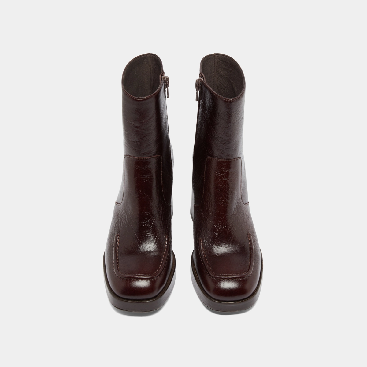 Heeled ankle boots with square toes in chocolate distressed leather | VERONICA