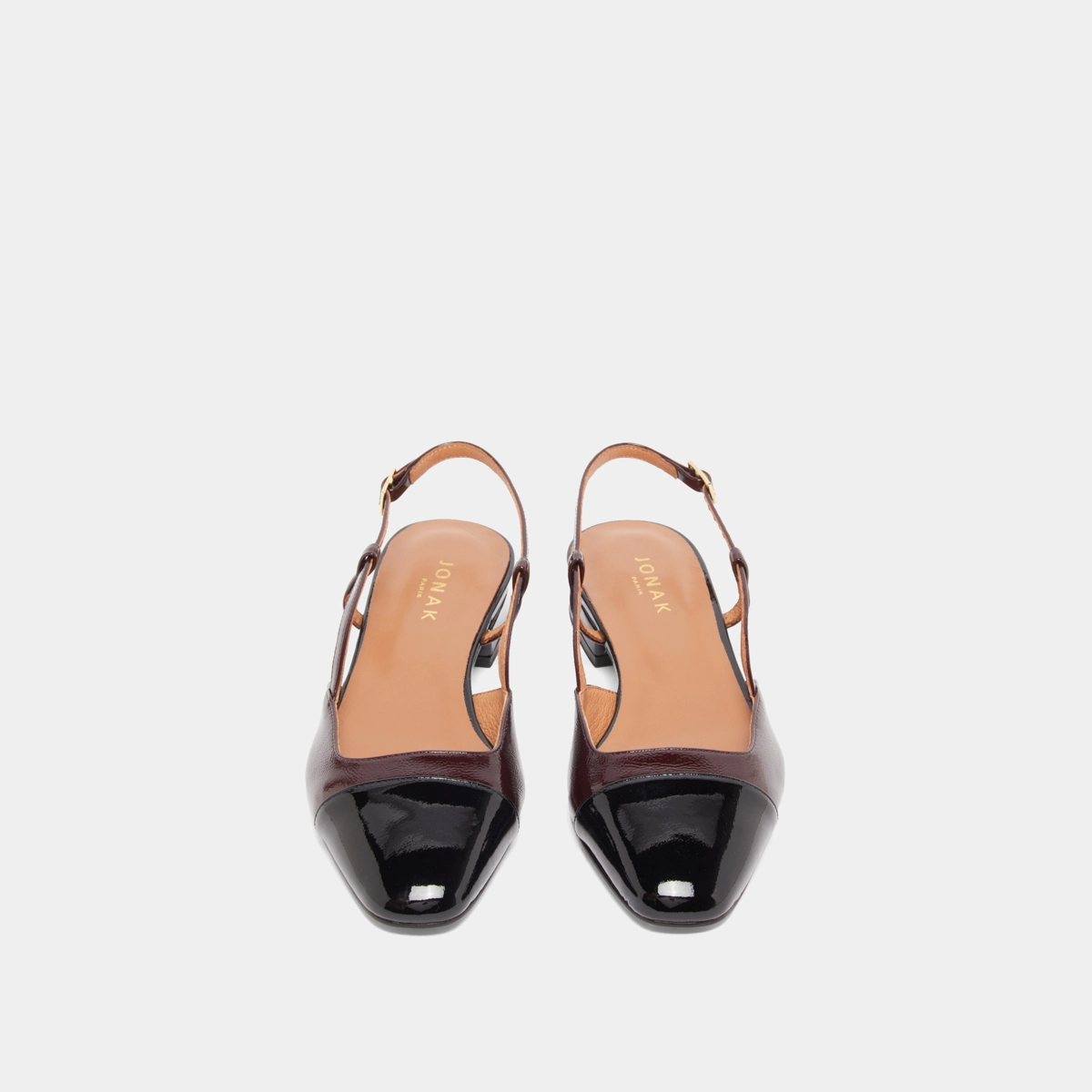Open ballet flats in black patent leather and burgundy pleated patent | DHAPOU