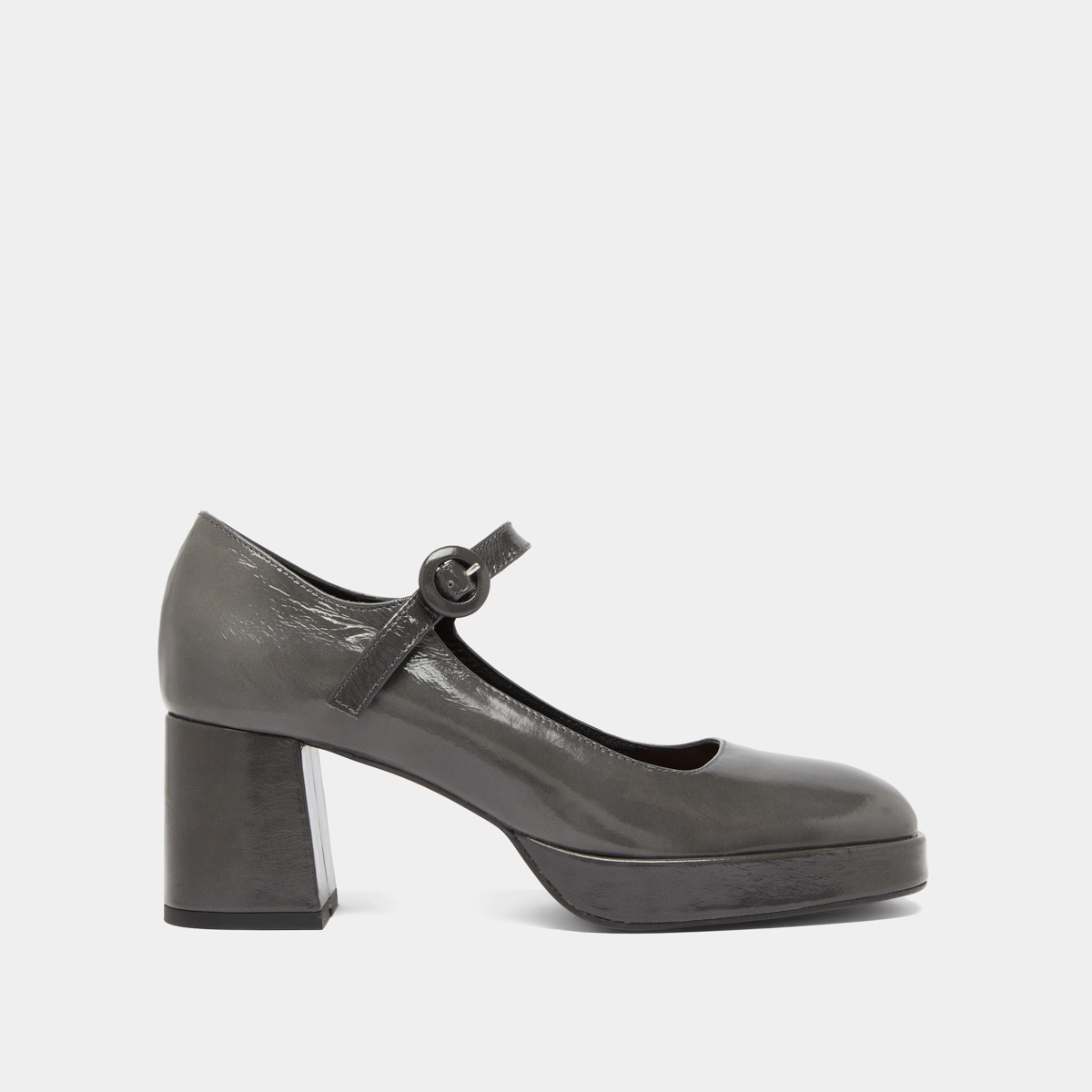 Mary Janes with unique heels and straps in gray shiny leather | VUELO