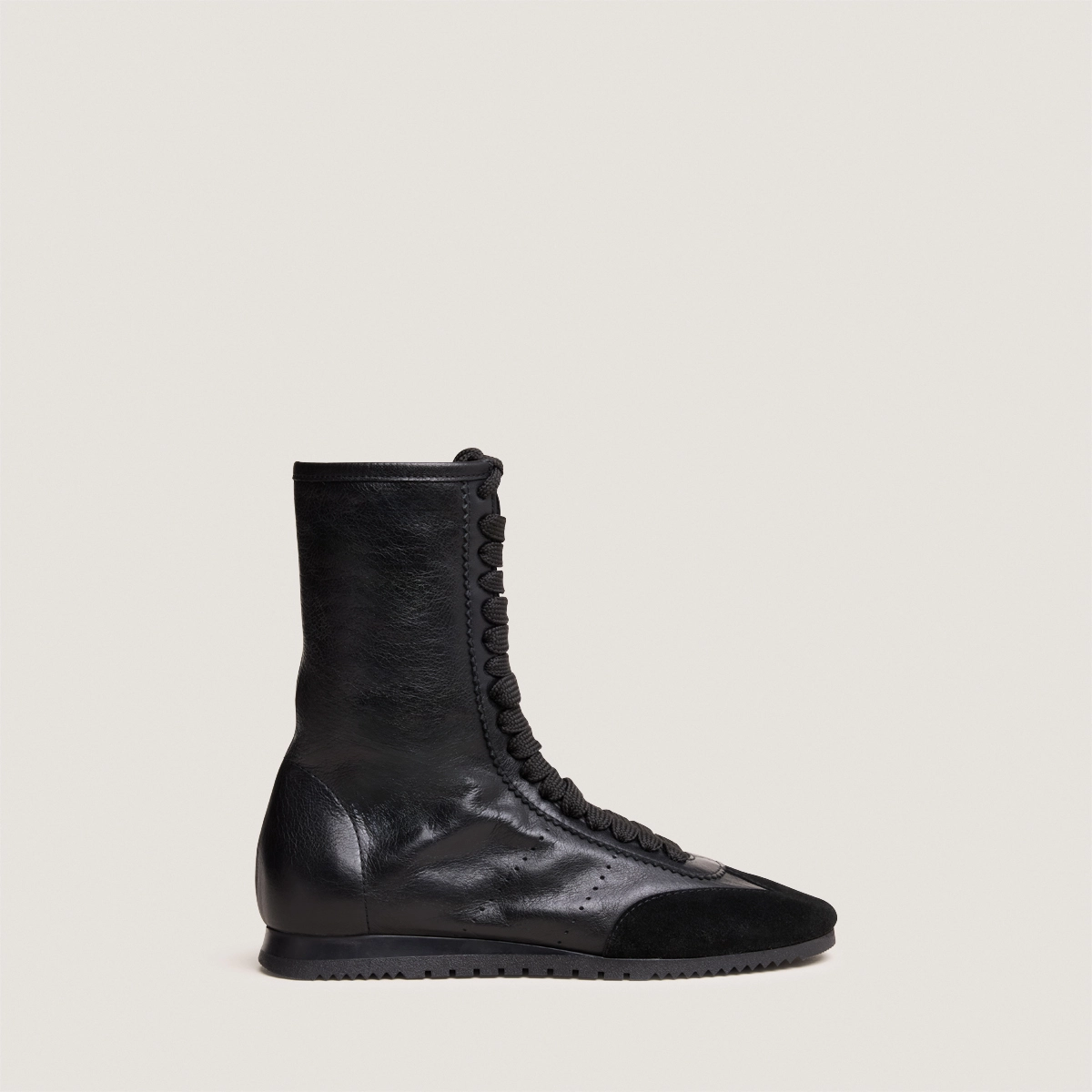 High lace-up sneakers in black suede and black leather | DOUBONE