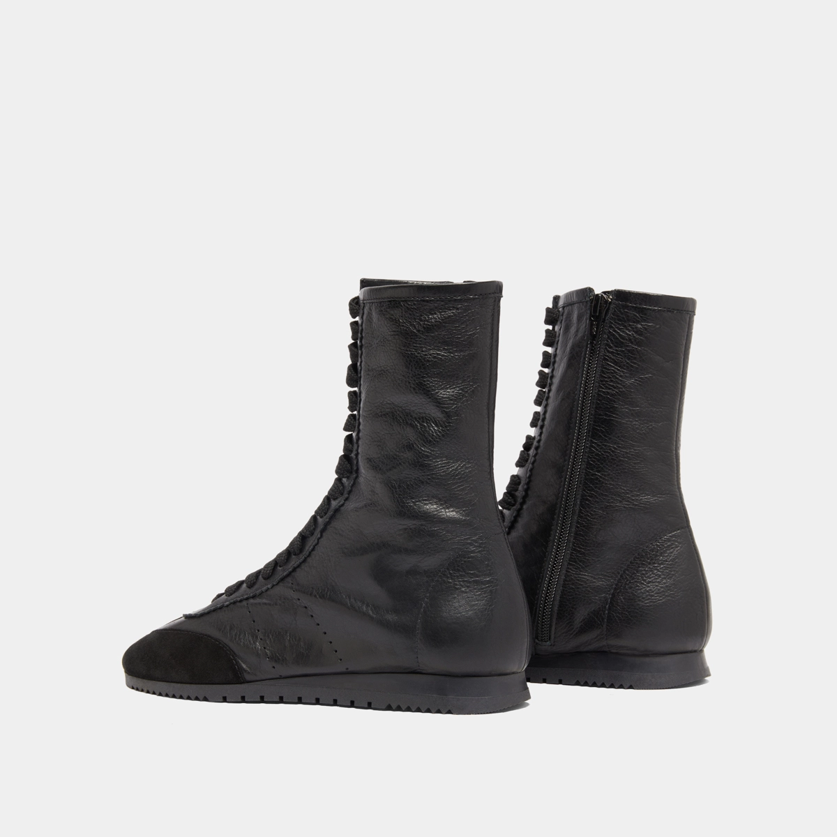 High lace-up sneakers in black suede and black leather | DOUBONE