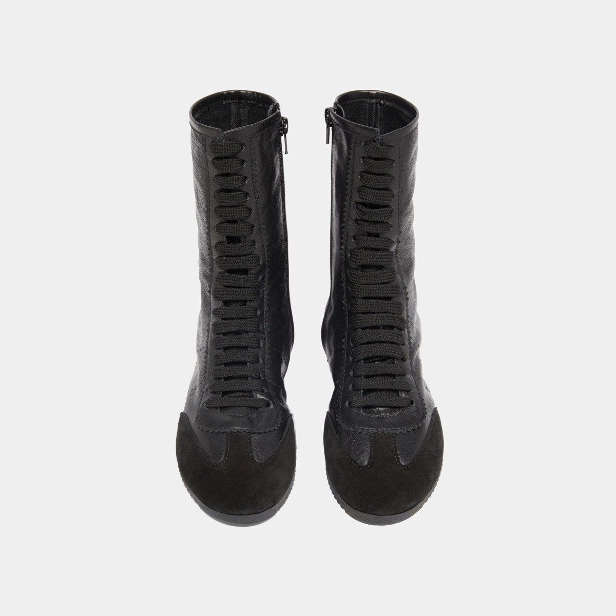 High lace-up sneakers in black suede and black leather | DOUBONE