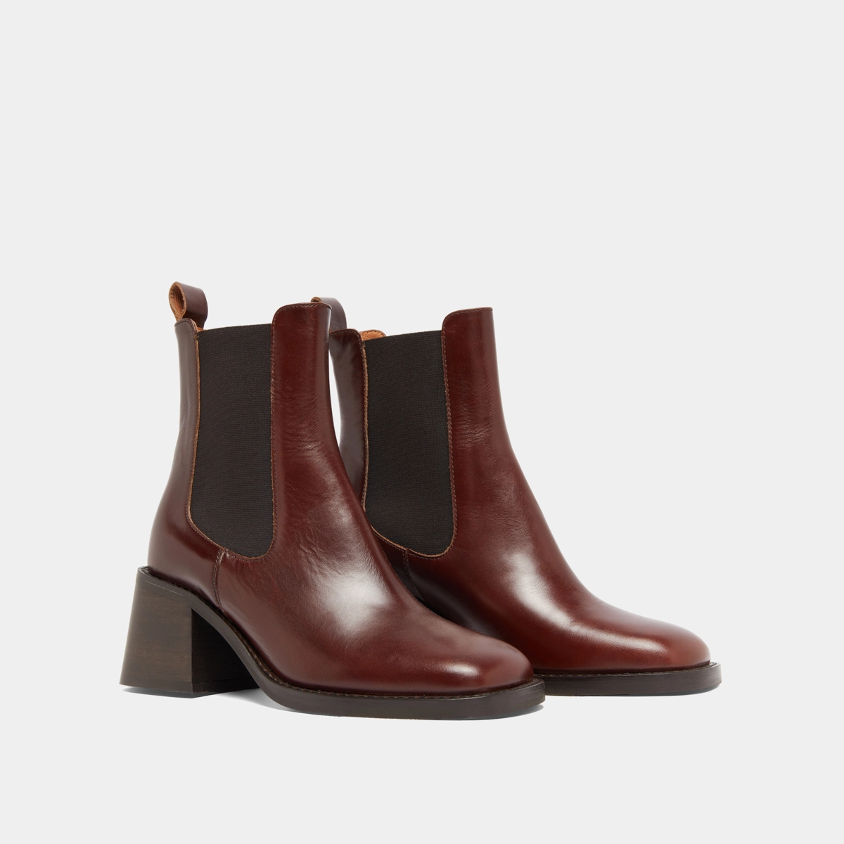 Ankle boots with elastic straps and thick heels in brown patinated leather | DUCK