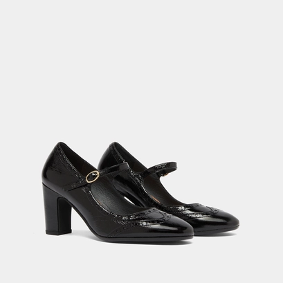 Heeled mary jane and perforated details in black shiny leather | dirios