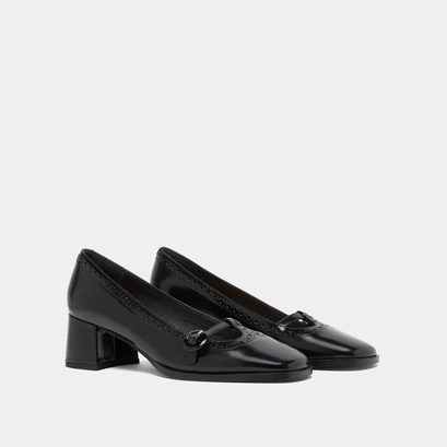 Heeled Mary Jane in black glazed leather | DEB