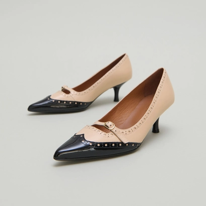 Pumps with straps and perforated details in black patent and beige leather | dalta