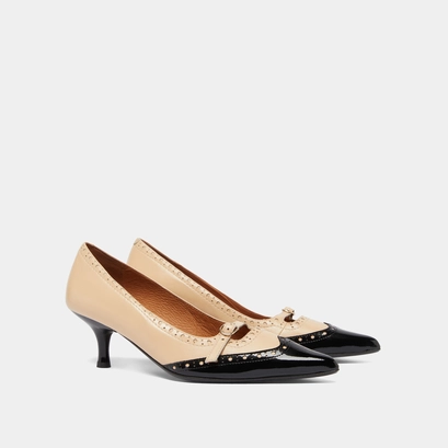 Pumps with straps and perforated details in black patent and beige leather | dalta