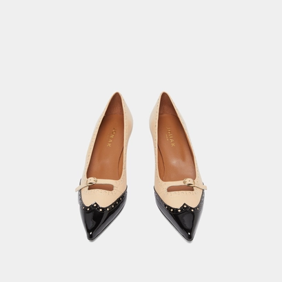 Pumps with straps and perforated details in black patent and beige leather | dalta