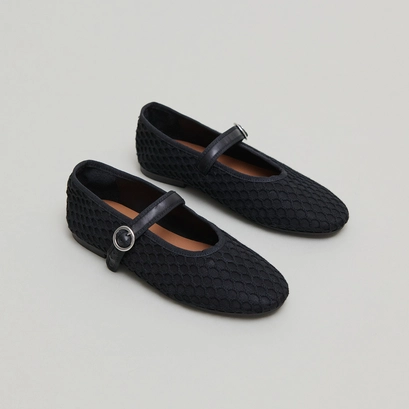 Ballet flats with strap in black mesh | DEESSE
