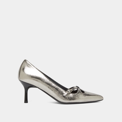 Cross-strap pumps in dark metallic leather | douchka