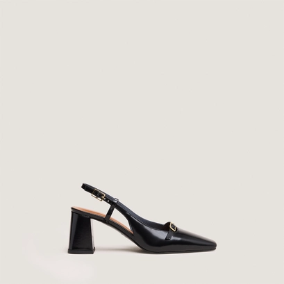 Heeled slingbacks in black glazed leather | dadelle