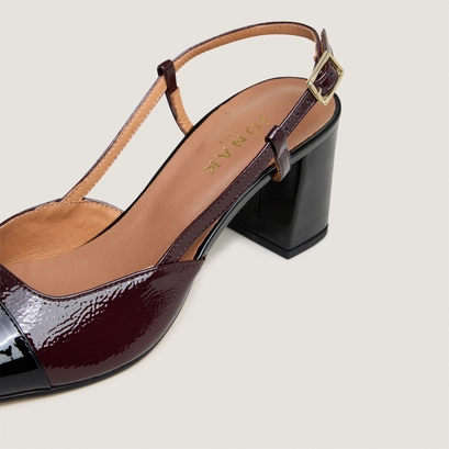 Heeled slingbacks in black patent leather and burgundy pleated patent | DHAPOP