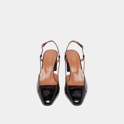 Heeled slingbacks in black patent leather and burgundy pleated patent | DHAPOP