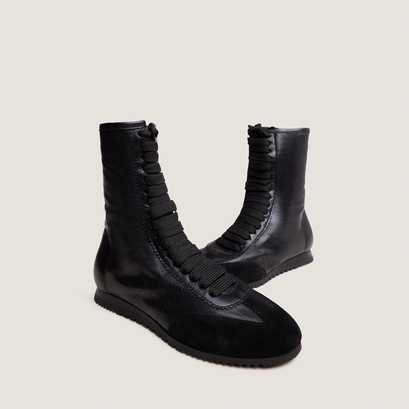 High lace-up sneakers in black suede and black leather | doubone
