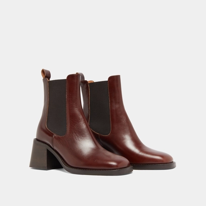 Ankle boots with elastic straps and thick heels in brown patinated leather | duck