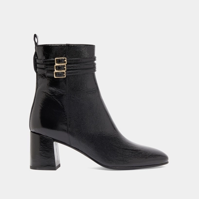 Buckle details ankle boots in black pleated patent | durano