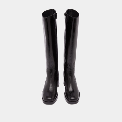 Heeled platform boots in black distressed leather | vaneo