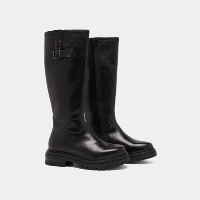High boots with notched soles and buckles in black leather | adalia