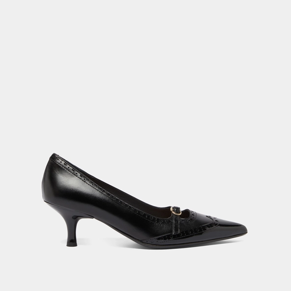 Strappy pumps with perforated details in black patent and black leather | DALTA