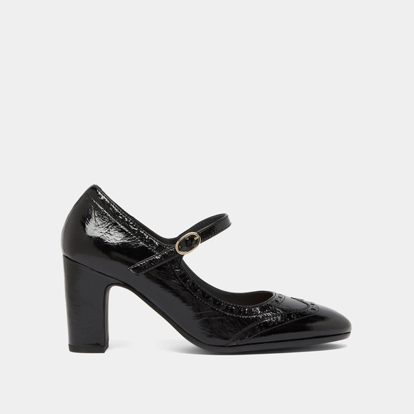 Heeled Mary Jane and perforated details in black shiny leather | DIRIOS