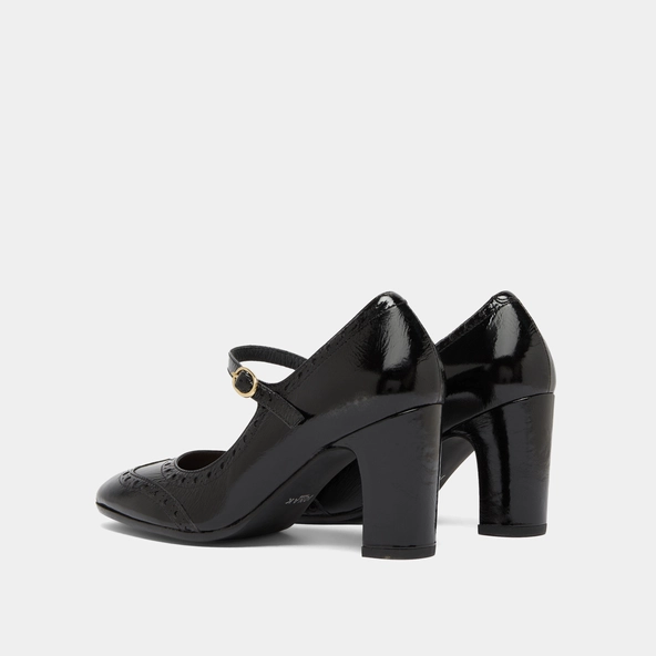 Heeled Mary Jane and perforated details in black shiny leather | DIRIOS