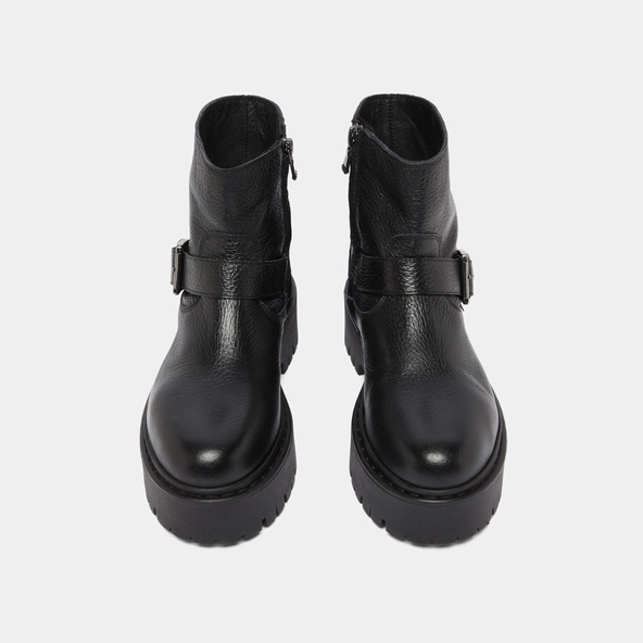 Lowboots with notched soles and buckles in black grained leather | RANA