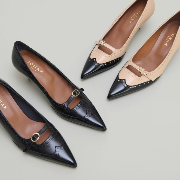 Pumps with straps and perforated details in black patent and beige leather | DALTA