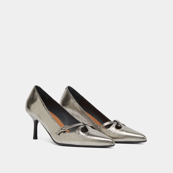 Cross-strap pumps in dark metallic leather | DOUCHKA