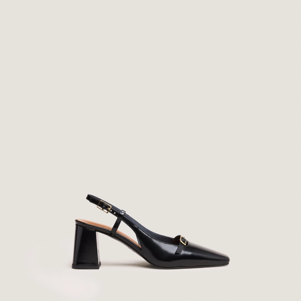 Heeled slingbacks in black glazed leather | DADELLE