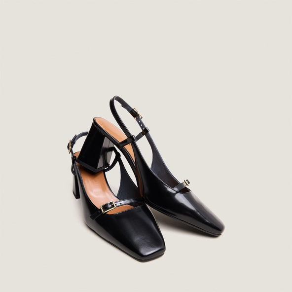 Heeled slingbacks in black glazed leather | DADELLE