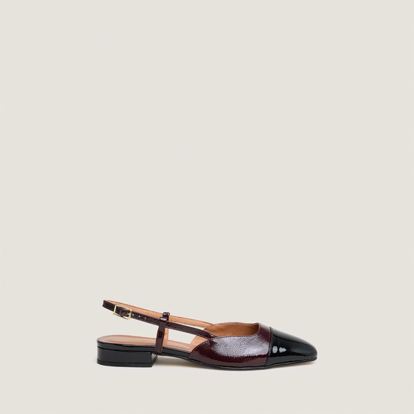 Open ballet flats in black patent leather and burgundy pleated patent | DHAPOU