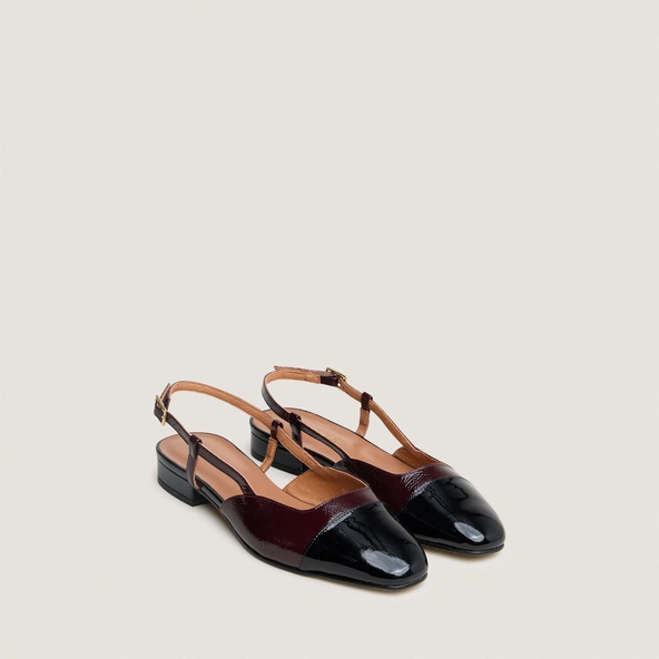 Open ballet flats in black patent leather and burgundy pleated patent | DHAPOU