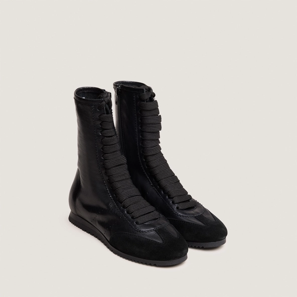High lace-up sneakers in black suede and black leather | DOUBONE