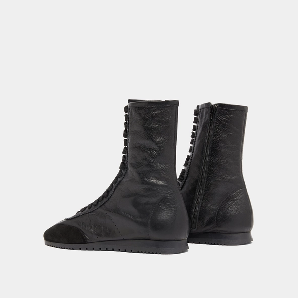 High lace-up sneakers in black suede and black leather | DOUBONE
