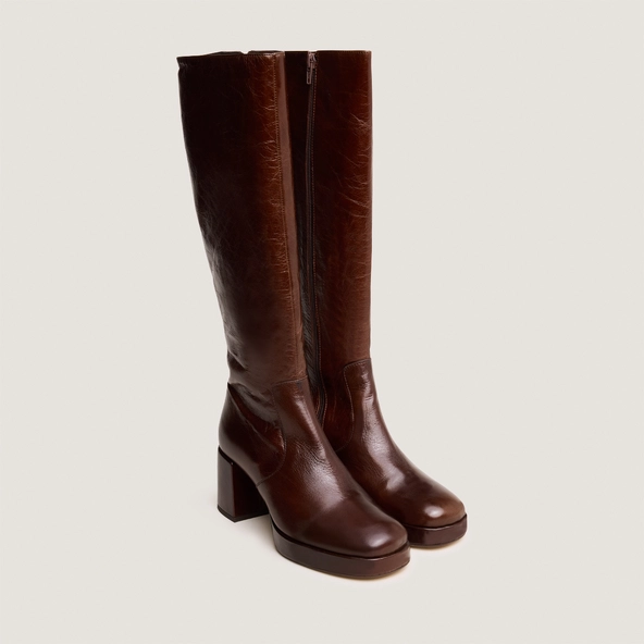 Heeled platform boots in brown distressed leather | VANEO