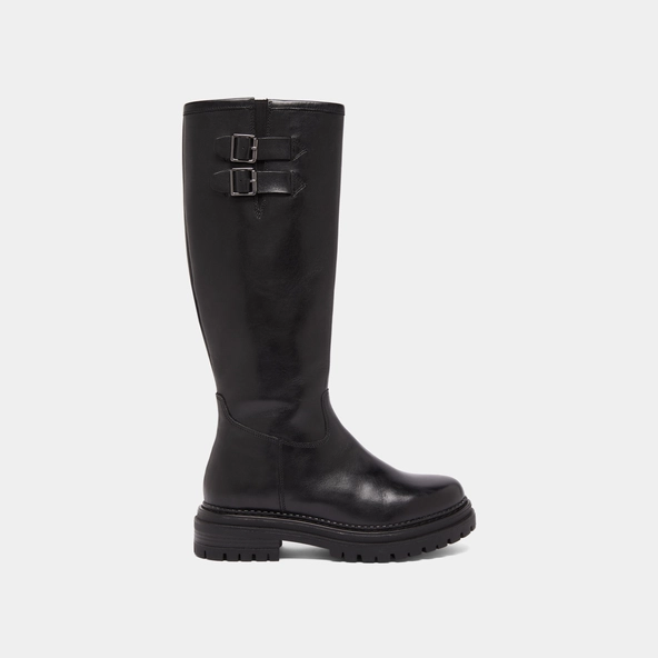 High boots with notched soles and buckles in black leather | ADALIA
