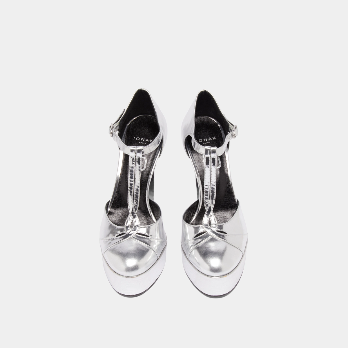Heeled T-bar and platforms in silver metallic leather | REWIND
