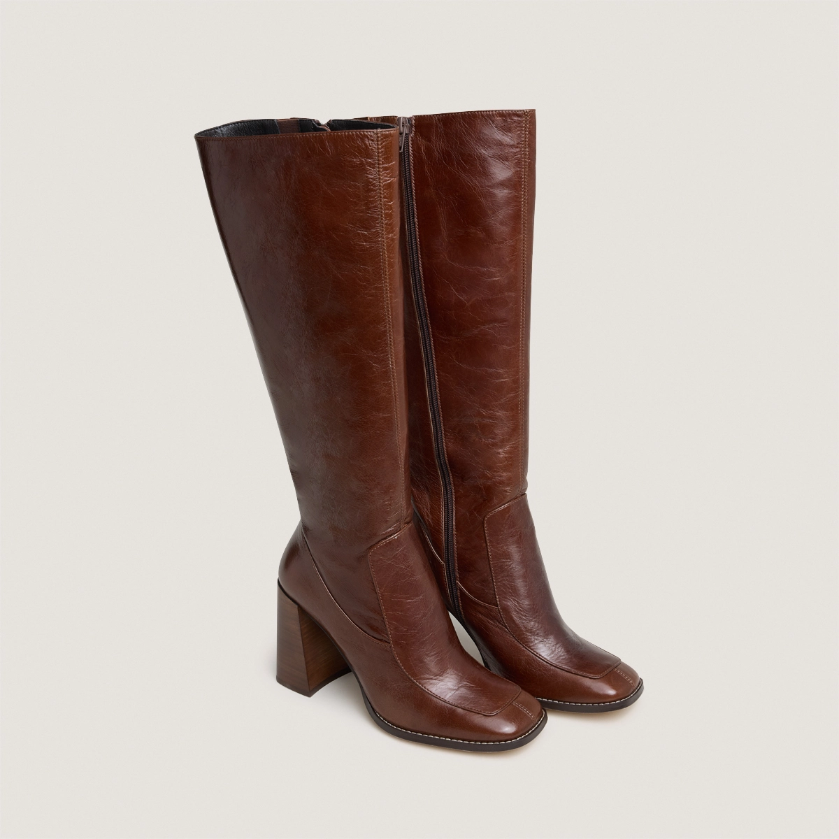 High boots with square toes in brown leather calf size m | VAUBANE